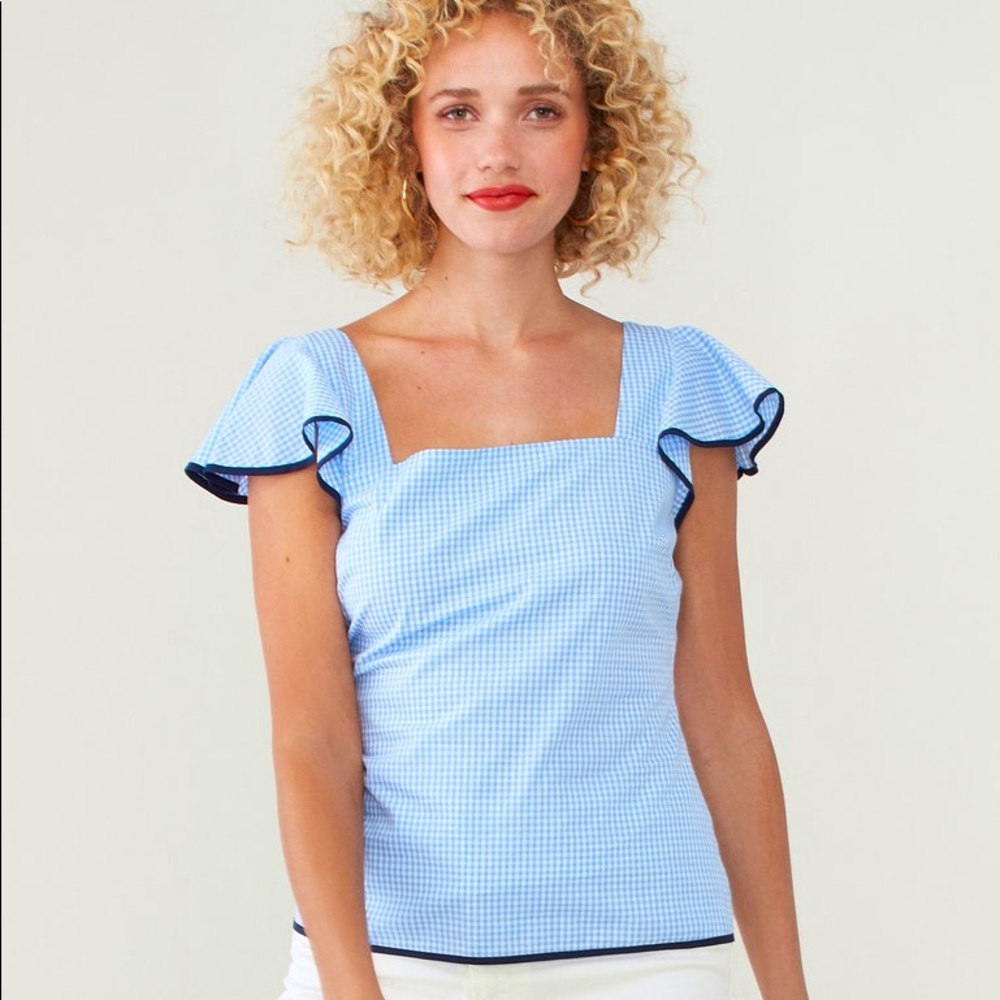 Gingham shirred back flutter sleeve